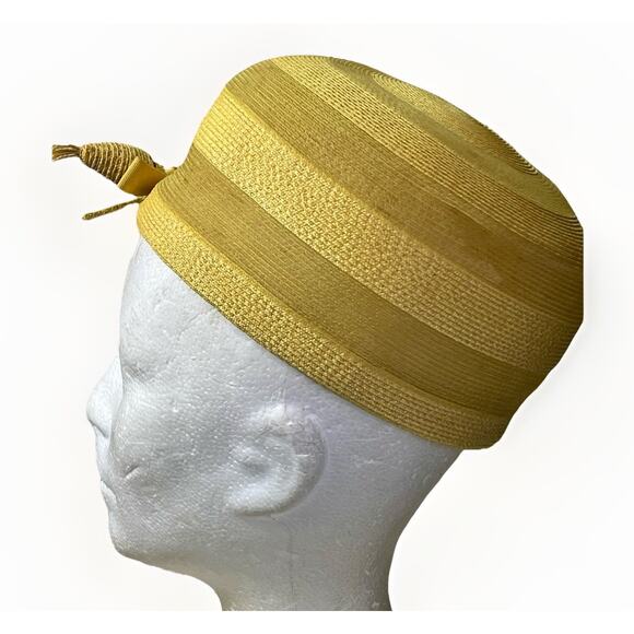 VTG 1950s Golden Straw Pillbox Hat with Ribbon Trim Fishmans Dept Store w/ Box - Picture 5 of 13